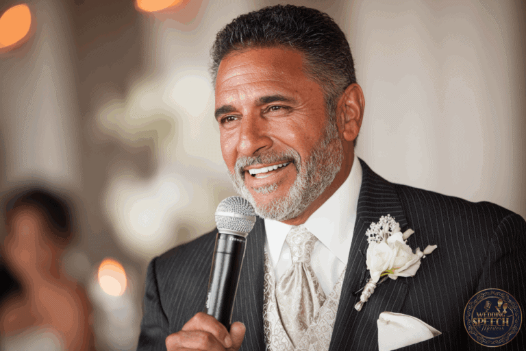 A man in a suit with a boutonnière speaks into a microphone, smiling at an indoor event with a blurred background.