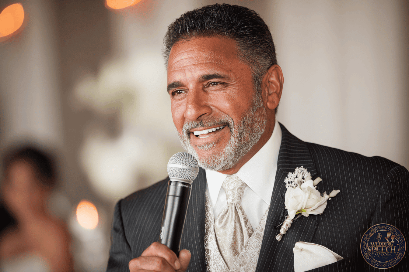 A man in a suit with a boutonnière speaks into a microphone, smiling at an indoor event with a blurred background.