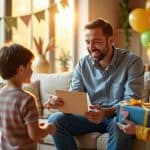children celebrating fathers day with gifts