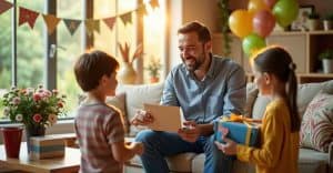 children celebrating fathers day with gifts