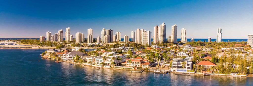 Aerial view of Surfers Paradise and Southport on the Gold Coast,