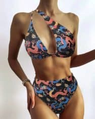 Dragon Print One Shoulder Cutout Front Bikini Set
