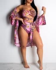 3PCS Cheetah Floral Print Bikini Set With Cover Up - Image 4