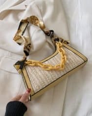 Zip Top Chain Scarf Strap Woven Tote Bag