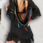 Crochet Lace Ruffles Tassel Backless Cover Up Dress