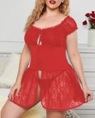 Plus Size Tie Front Sheer Mesh Lace Babydoll With Thong - Image 4