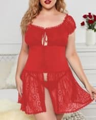 Plus Size Tie Front Sheer Mesh Lace Babydoll With Thong