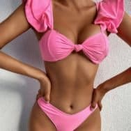 Solid Short Ruffles Sleeve Bra With Panties Bikini Sets