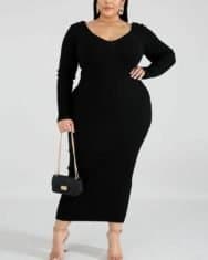 Solid Color Ribbed Long Sleeve Midi Dress - Image 4