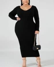 Solid Color Ribbed Long Sleeve Midi Dress - Image 3