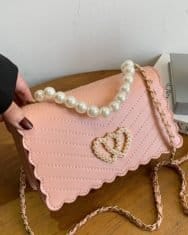Beaded Strap Chevron Heart Pattern Shoulder Bag - Image 4