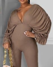 Plain Plunge Long Sleeve Skinny Jumpsuit - Image 3