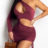 One Shoulder Cutout Drawstring Bodycon Dress