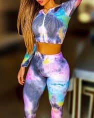 Tie Dye Print Zip Front Crop Top & Wide Band Waist Leggings Set - Image 3