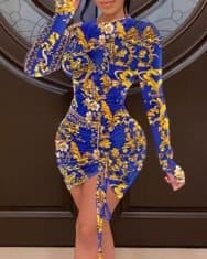 Plus Size Scarf Print Ruched Drawstring Bodycon Dress