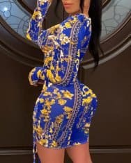 Plus Size Scarf Print Ruched Drawstring Bodycon Dress - Image 3
