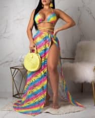3PCS Leaf Print Bikini Sets With Cover Ups