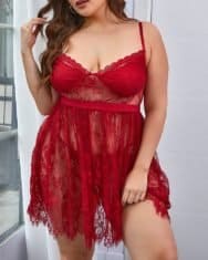 Plus Size Eyelash Lace Sheer Mesh Babydoll With Thong