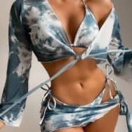 4PCS Tie Dye Print Tied Detail Frill Hem Bikini Set