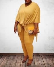 Plus Size Plain Side Slit Top & High Waist Pants Set