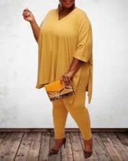 Plus Size Plain Side Slit Top & High Waist Pants Set - Image 3