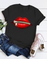 Zipper Lip Print Short Sleeve T-Shirt - Image 4