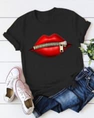 Zipper Lip Print Short Sleeve T-Shirt