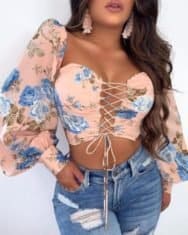 Floral Print Drawstring Lace-up Crop Top - Image 4
