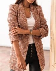 Tweed Colorblock Button Design Blazer Coat - Image 4