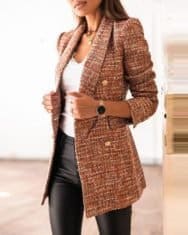 Tweed Colorblock Button Design Blazer Coat