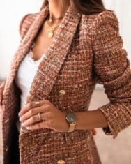 Tweed Colorblock Button Design Blazer Coat - Image 3