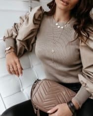 Round Neck Puff Sleeve Insert Ribbed Blouse