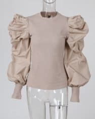 Round Neck Puff Sleeve Insert Ribbed Blouse - Image 4