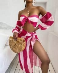 Off Shoulder Polkadot Print Cutout One Piece Swimsuit With Cover Up - Image 4