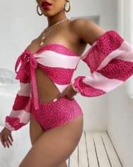 Off Shoulder Polkadot Print Cutout One Piece Swimsuit With Cover Up - Image 5