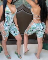 Dollar Print Halter Bandage Backless Romper - Image 3