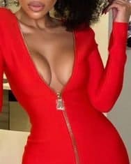Zipper Design Plunge Long Sleeve Bodycon Dress - Image 2