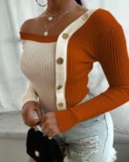 Colorblock Buttoned Knit Long Sleeve Sweater - Image 5