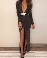 Stripes Plunge Thigh Slit Evening Dress