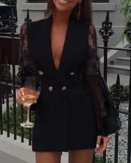 Crochet Lace Sheer Mesh Double Breasted Blazer Dress