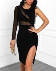 One Shoulder Grid Mesh Insert Slit Bodycon Dress