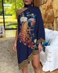 One Shoulder Peacock Floral Print Irregular Dress - Image 3