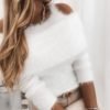 Cold Shoulder Plain Fluffy Casual Sweater