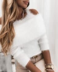 Cold Shoulder Plain Fluffy Casual Sweater