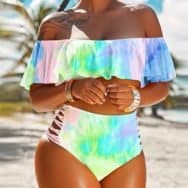 Tie Dye Print Off Shoulder Ruffles Bandage Tankini Set