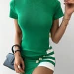 Colorblock Slit Buttoned Short Sleeve Bodycon Dress