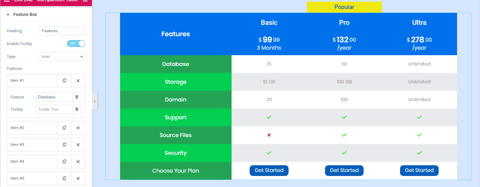 Comparison Table Elementor Feature Box