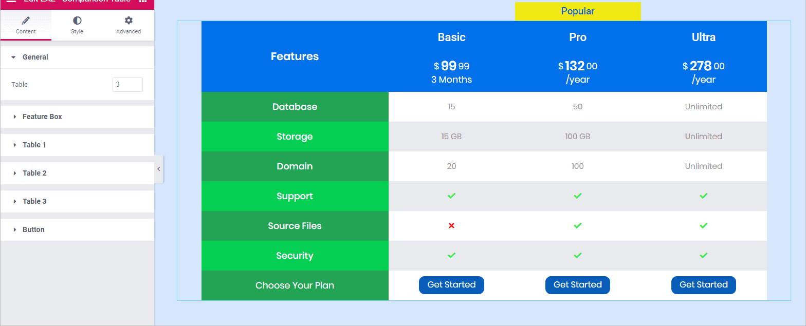 Comparison Table Elementor