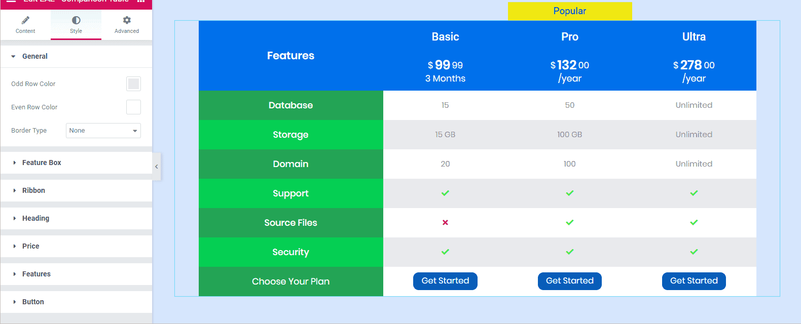 Comparison Table Elementor Style