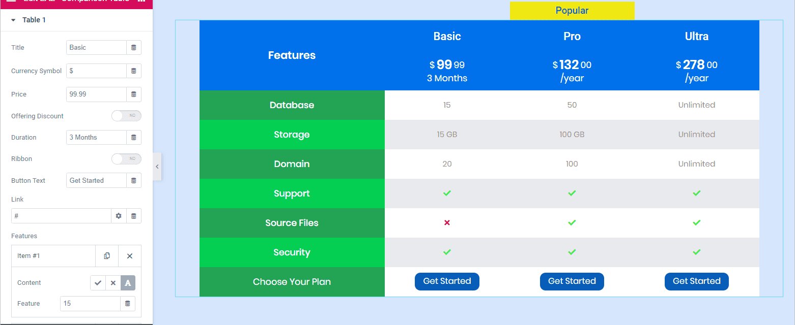 Comparison Table Elementor Settings